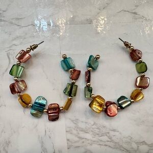 Y2K Colorful Shell Beaded Hoop Earrings Gold Tone Boho Statement 2.5”